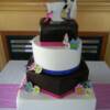 A four tiered wedding cake with square, round and hexagon tiers as well as hand-made sugar daiseys.