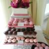 Cupcake tower for a Hotel Eldorado wedding. We made three different types of cupcakes as welll as some gluten-free cupcakes for our celiac friends attending the wedding. On top of the stand sits an 8" square cutting cake with fresh gerber daisies and peonies. 