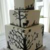 This cake tells the couple' s story of how they got engaged in the spring in Australia (the front of the cake) and their summer wedding on the side of the cake. Other elements such as a bear and moose were added to bring in the Canada element, and a kangaroo and birds from Australia were added also.