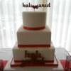 3 tier Red & White Wedding Cake. Some elements of this cake include the quilting on the top tier, swiss dots on the middle, and painted pearl lines on the bottom. 