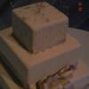 3 Tier square Champagne colored fondant. Top tier was a fruitcake made by the brides family. Middle tier was the brides tier- Madagascar Vanilla Bean cake with Lemon Curd filling. The bottom tier was the grooms choice of Marble cake with Whipped Chocolate Ganache filling. 