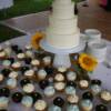 4 tier round Textured Buttercream Wedding cake with light blue, white and ganache dipped cupcakes in three different flavors and fillings. 