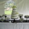 5 tier Black and White Fondant Lace Applique Wedding Cake with Cupcakes and Cake Pops.