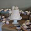 Wedding Cupcakes- Pale Pinks, white and Ganache dipped, filled cupcakes in laser cut wrappers sit around a 2 tier Pale Pink Buttercream Cutting Cake covered with fresh roses. 